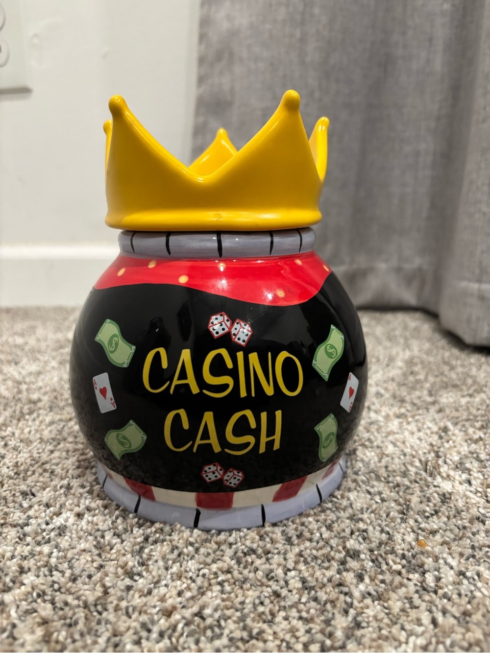 Ganz Bella Casa "Casino Cash" Ceramic Jar Coin Bank with a Crown-shaped lid